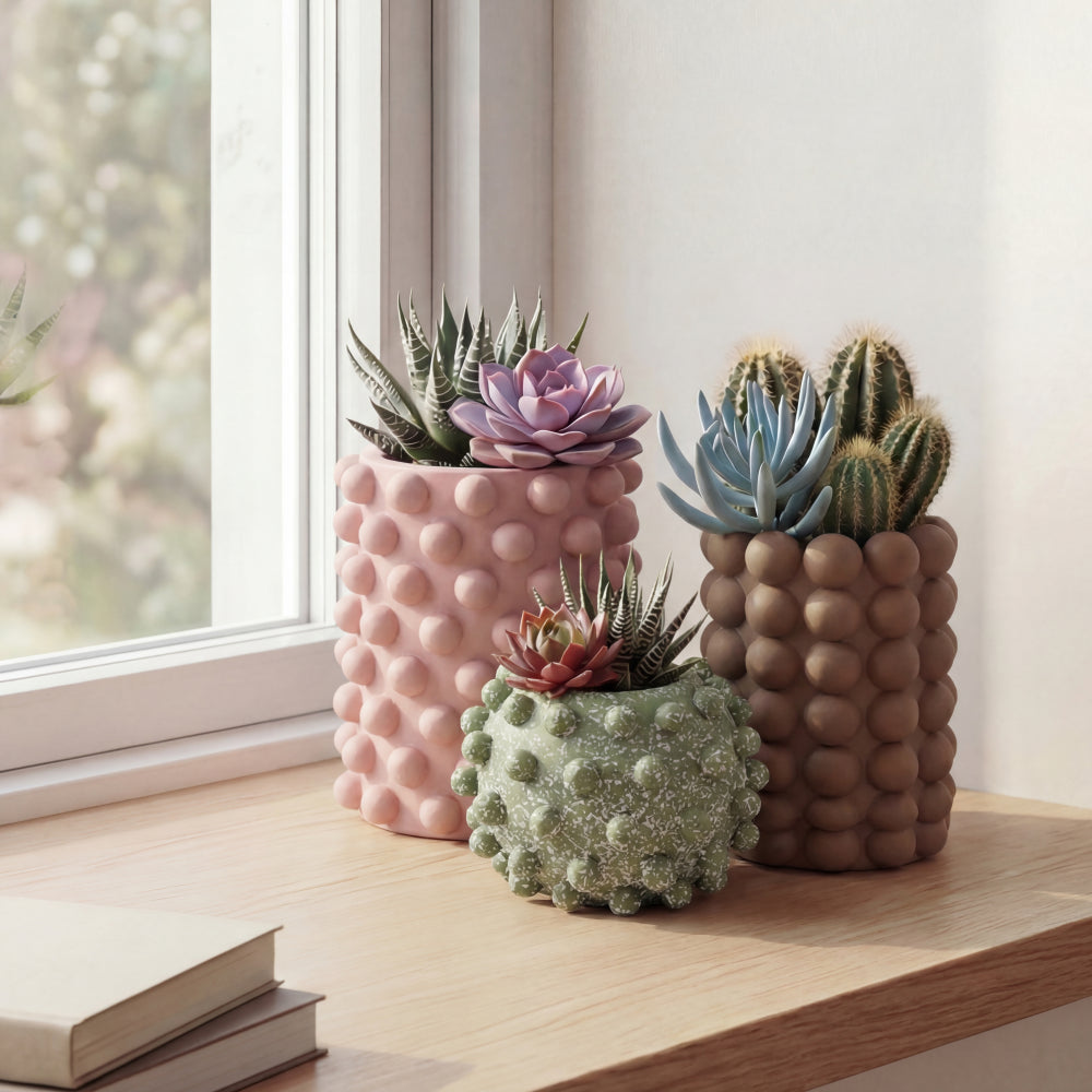 Nyra Modern Minimalist Handmade Concrete Bubble Cylinder and Round Planter Set