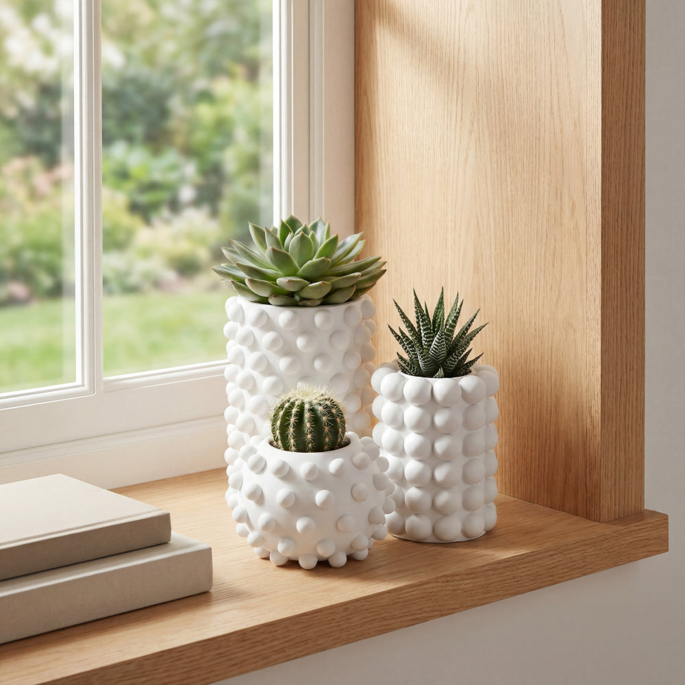 Nyra Modern Minimalist Handmade Concrete Bubble Cylinder and Round Planter Set