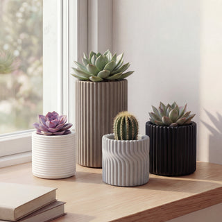 Floren Modern Minimalist Handmade Concrete Fluted Cylinder Planter Set