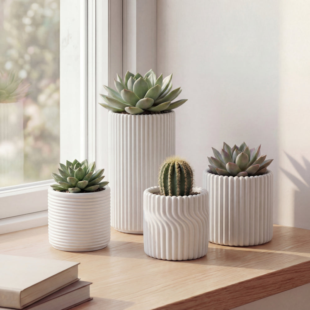 Floren Modern Minimalist Handmade Concrete Fluted Cylinder Planter Set