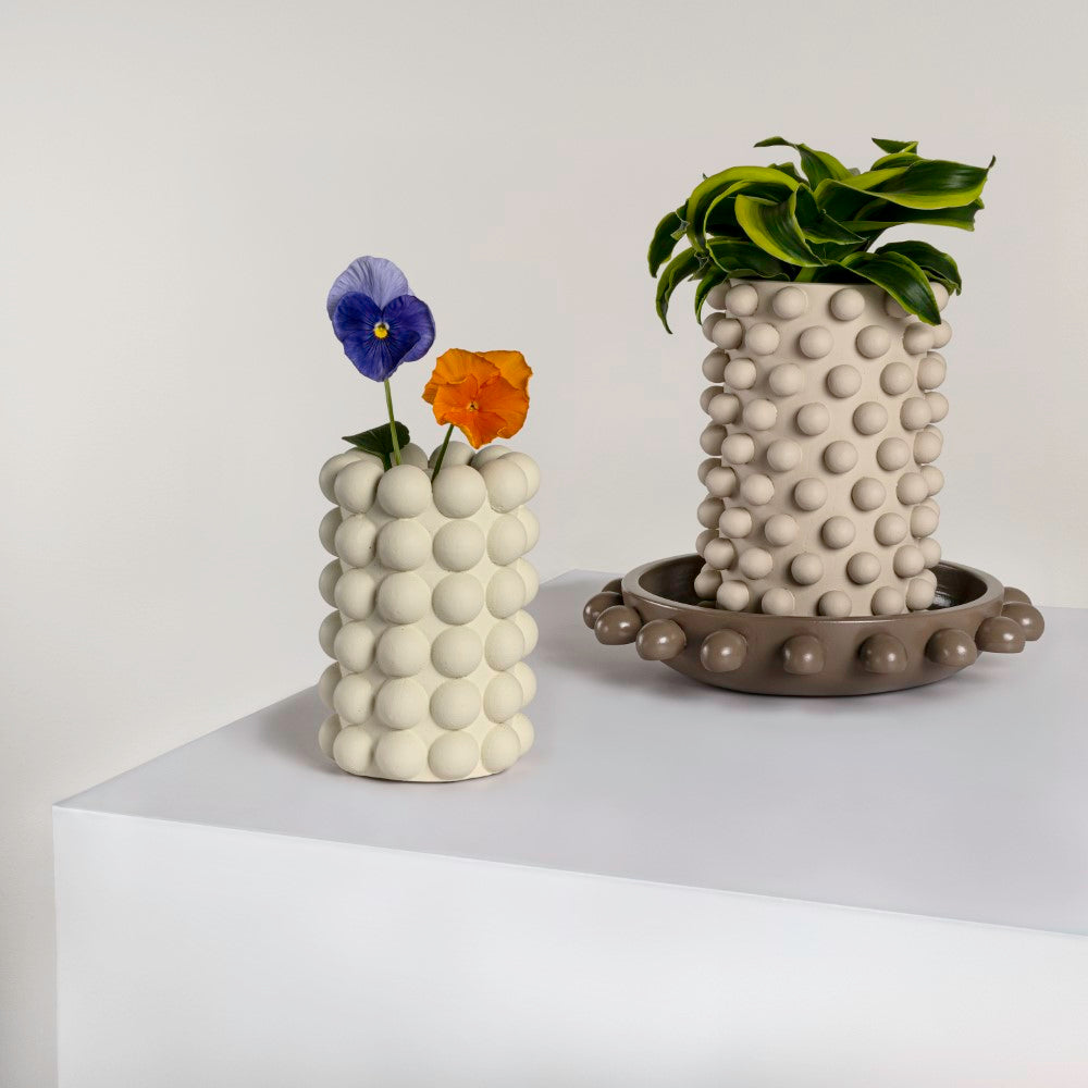 Grovea Modern Minimalist Handmade Concrete Bubble Cylinder Vase Set with Decorative Tray