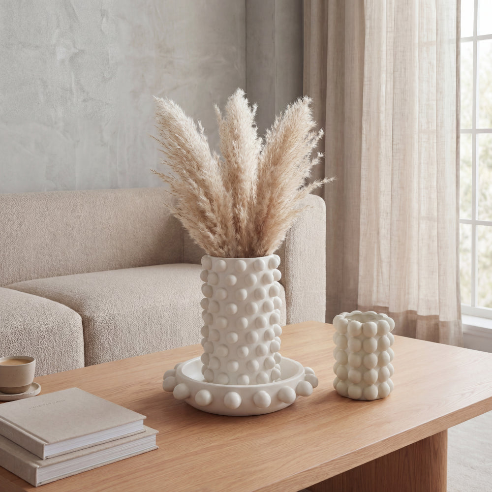 Grovea Modern Minimalist Handmade Concrete Bubble Cylinder Vase Set with Decorative Tray