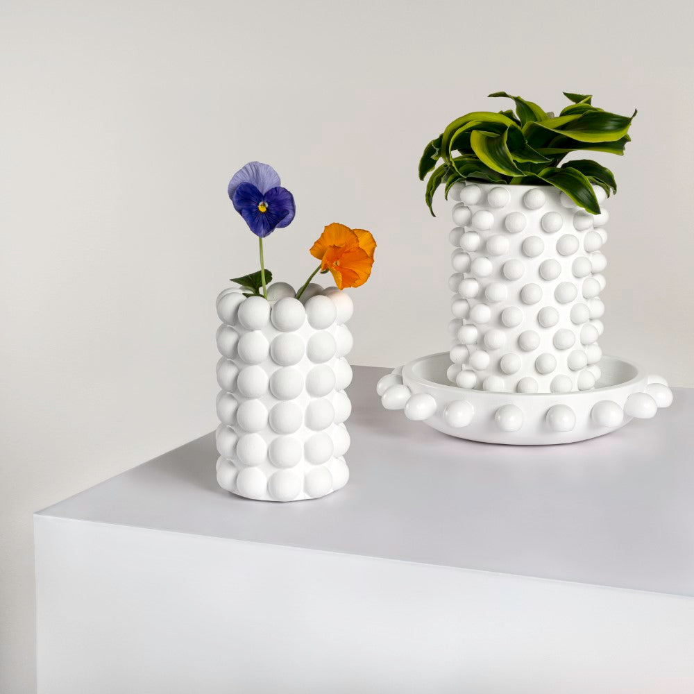 Grovea Modern Minimalist Handmade Concrete Bubble Cylinder Vase Set with Decorative Tray