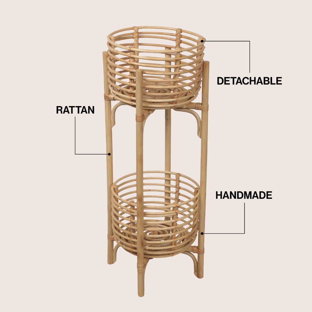 Leafra 33.5" Bohemian Minimalist Handmade 2-Tier Rattan Indoor Planter Stand