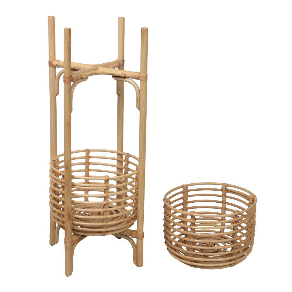Leafra 33.5" Bohemian Minimalist Handmade 2-Tier Rattan Indoor Planter Stand