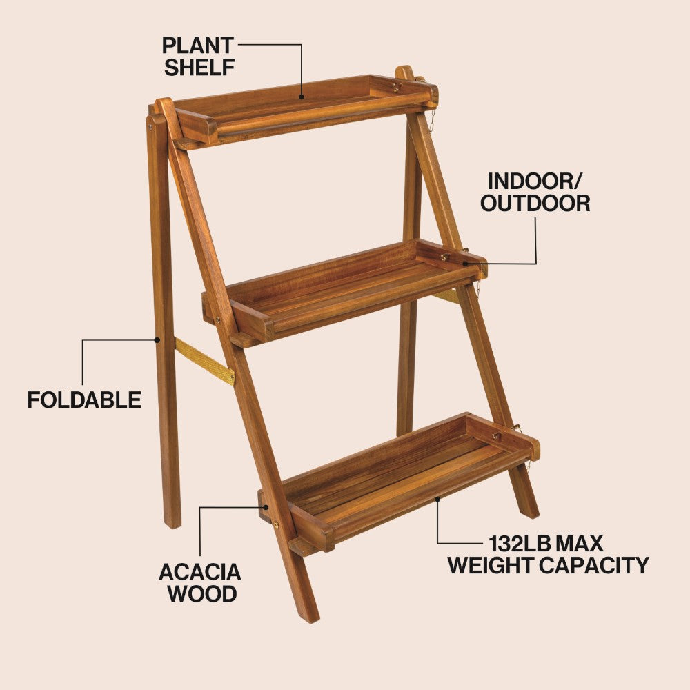 Hollis 26.5"W x 22"D x 36"H 3-Tier Acacia Wood Indoor/Outdoor Foldable Compact Freestanding Ladder Plant Stand Display Rack Shelf