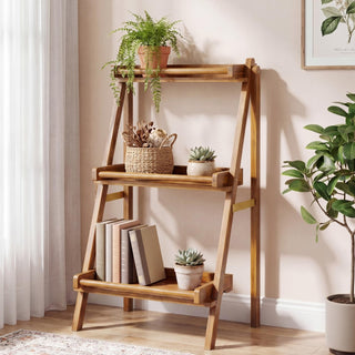 Hollis 26.5"W x 22"D x 36"H 3-Tier Acacia Wood Indoor/Outdoor Foldable Compact Freestanding Ladder Plant Stand Display Rack Shelf