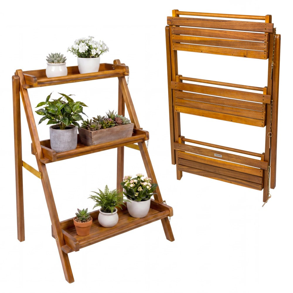Hollis 26.5"W x 22"D x 36"H 3-Tier Acacia Wood Indoor/Outdoor Foldable Compact Freestanding Ladder Plant Stand Display Rack Shelf