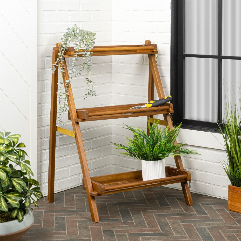 Hollis 26.5"W x 22"D x 36"H 3-Tier Acacia Wood Indoor/Outdoor Foldable Compact Freestanding Ladder Plant Stand Display Rack Shelf