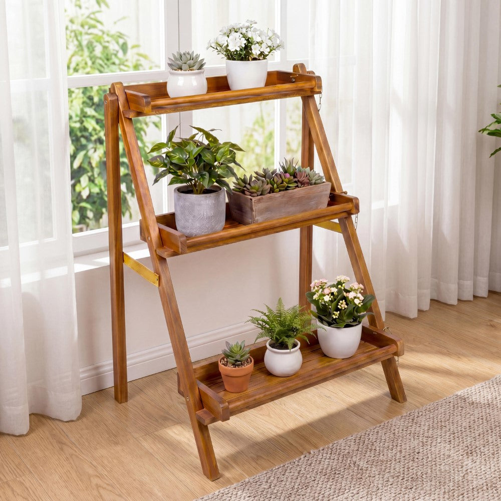 Hollis 26.5"W x 22"D x 36"H 3-Tier Acacia Wood Indoor/Outdoor Foldable Compact Freestanding Ladder Plant Stand Display Rack Shelf