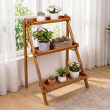 Hollis 26.5"W x 22"D x 36"H 3-Tier Acacia Wood Indoor/Outdoor Foldable Compact Freestanding Ladder Plant Stand Display Rack Shelf