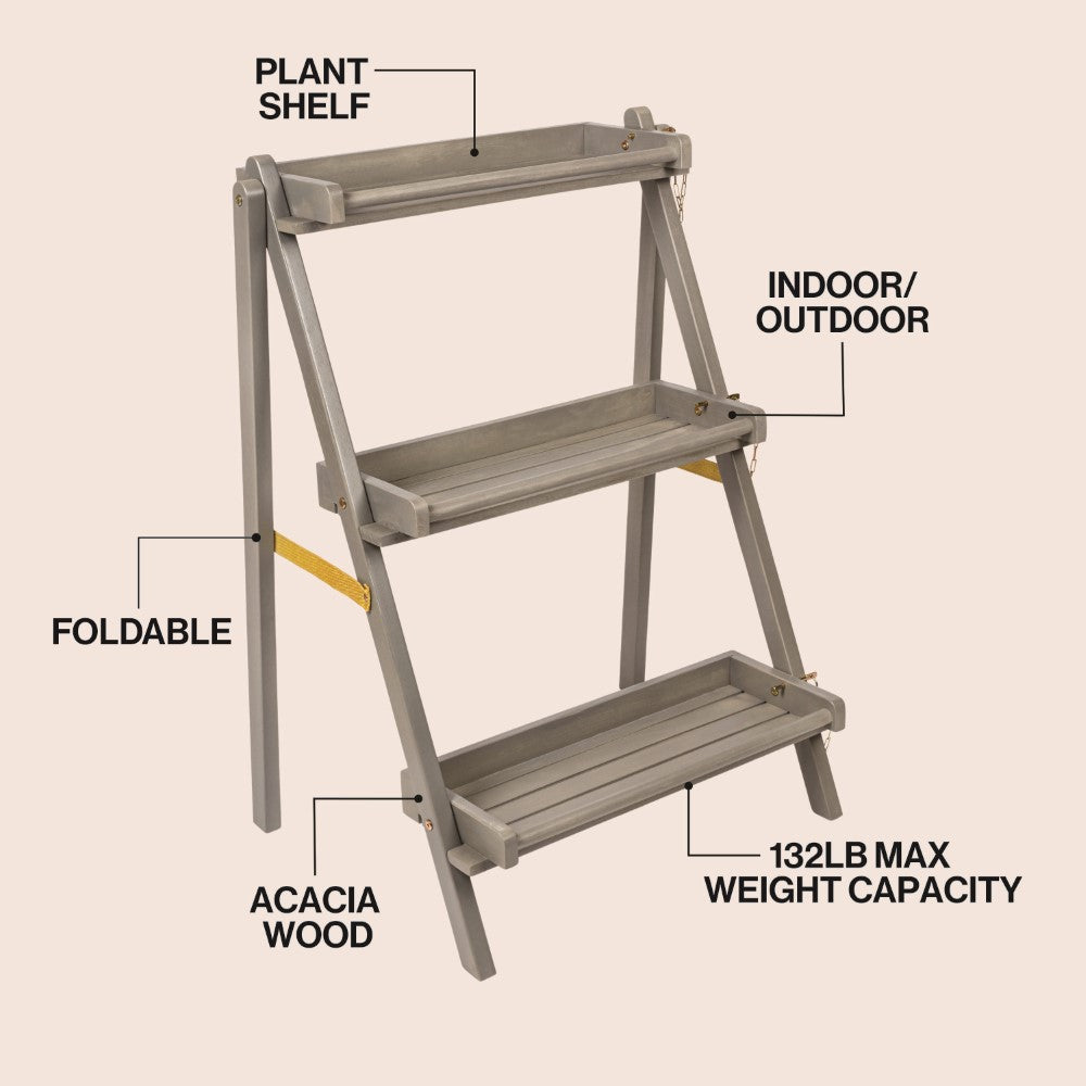 Hollis 26.5"W x 22"D x 36"H 3-Tier Acacia Wood Indoor/Outdoor Foldable Compact Freestanding Ladder Plant Stand Display Rack Shelf