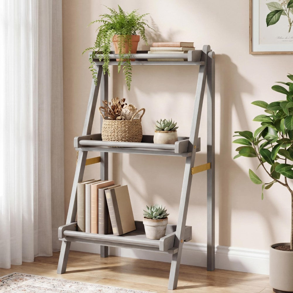 Hollis 26.5"W x 22"D x 36"H 3-Tier Acacia Wood Indoor/Outdoor Foldable Compact Freestanding Ladder Plant Stand Display Rack Shelf