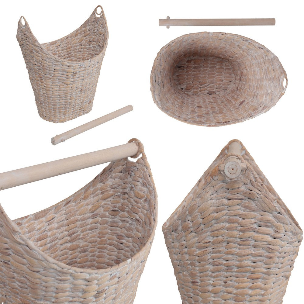 Talia Classic Coastal Hand-Woven Water Hyacinth Toilet Paper Basket with Wood Bar