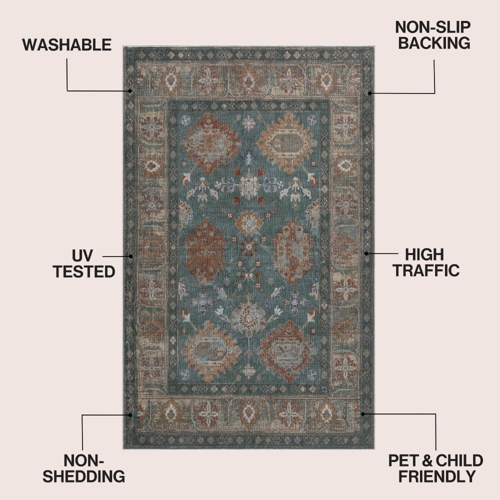 Maplecrest Oushak Style Distressed Border Non-slip Machine-washable Area Rug