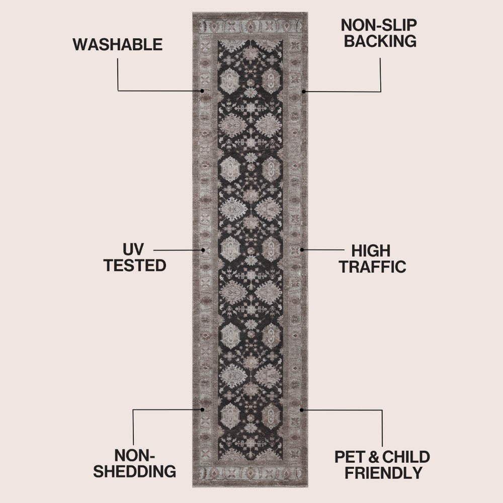 Maplecrest Oushak Style Distressed Border Non-slip Machine-washable Area Rug