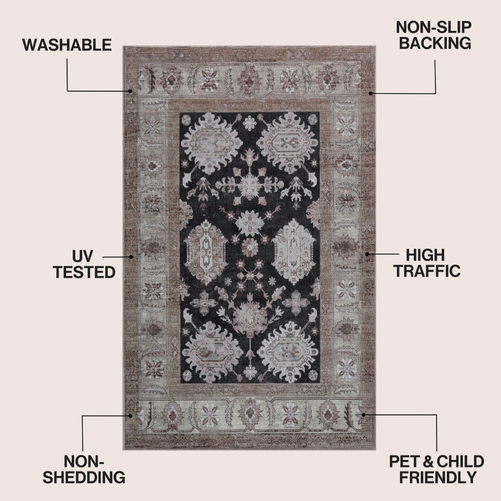Maplecrest Oushak Style Distressed Border Non-slip Machine-washable Area Rug