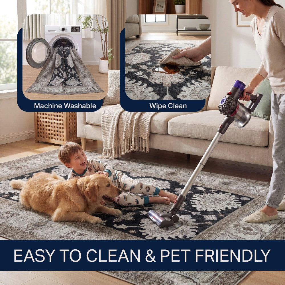 Maplecrest Oushak Style Distressed Border Non-slip Machine-washable Area Rug