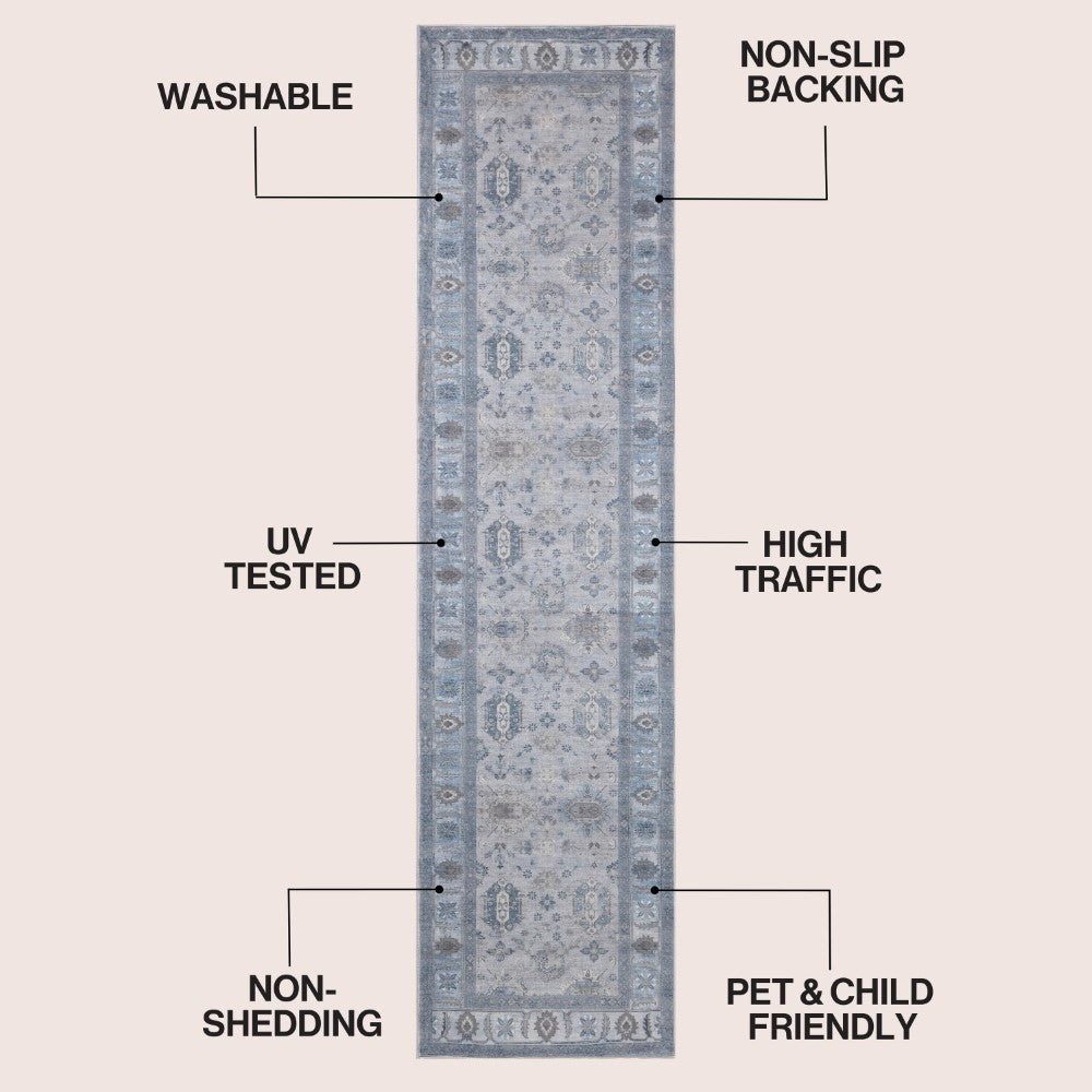 Maplecrest Oushak Style Distressed Border Non-slip Machine-washable Area Rug