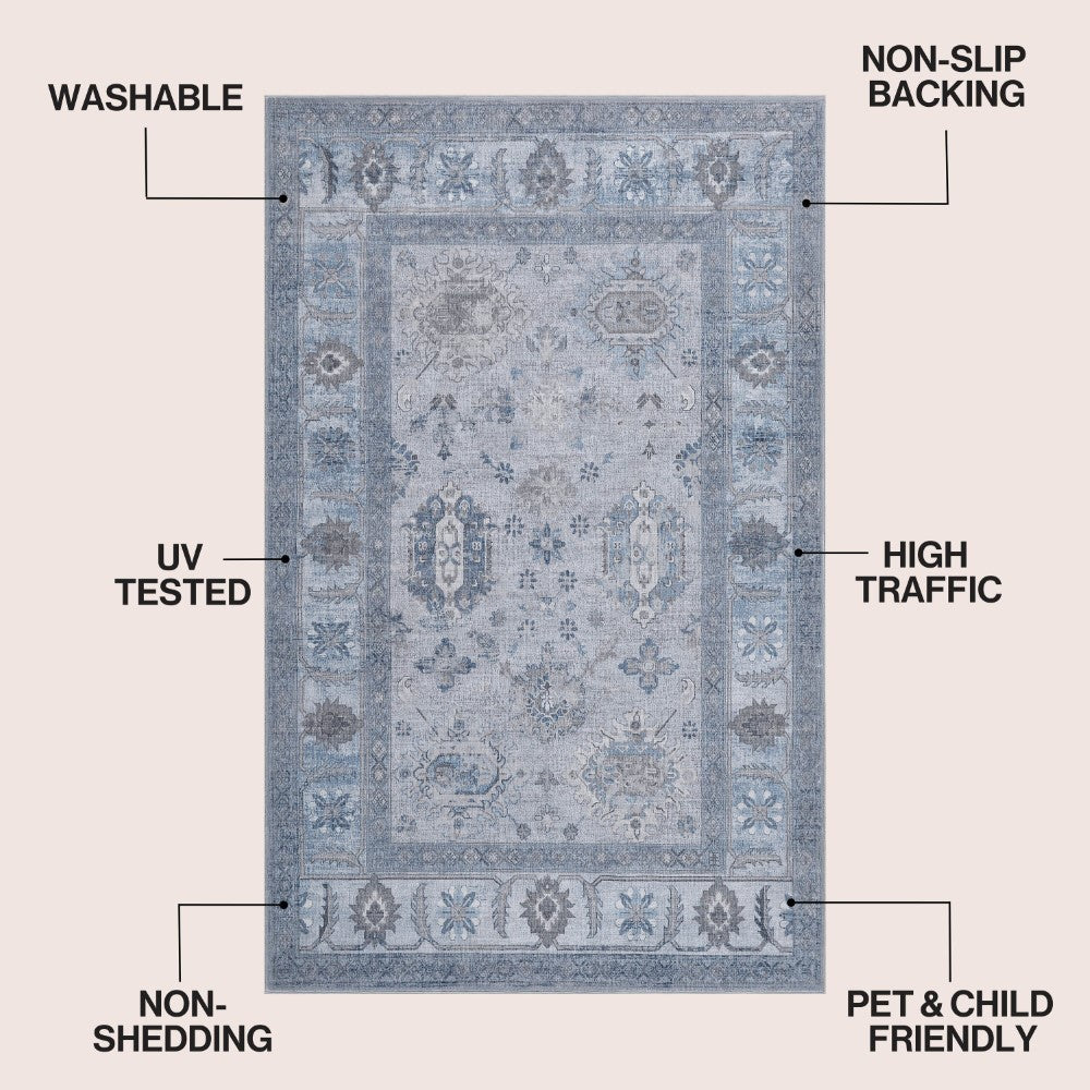 Maplecrest Oushak Style Distressed Border Non-slip Machine-washable Area Rug