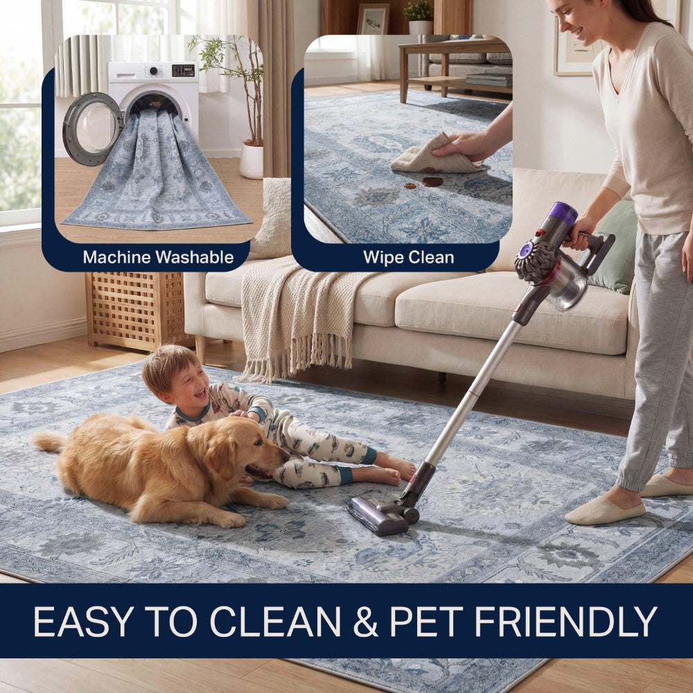 Maplecrest Oushak Style Distressed Border Non-slip Machine-washable Area Rug