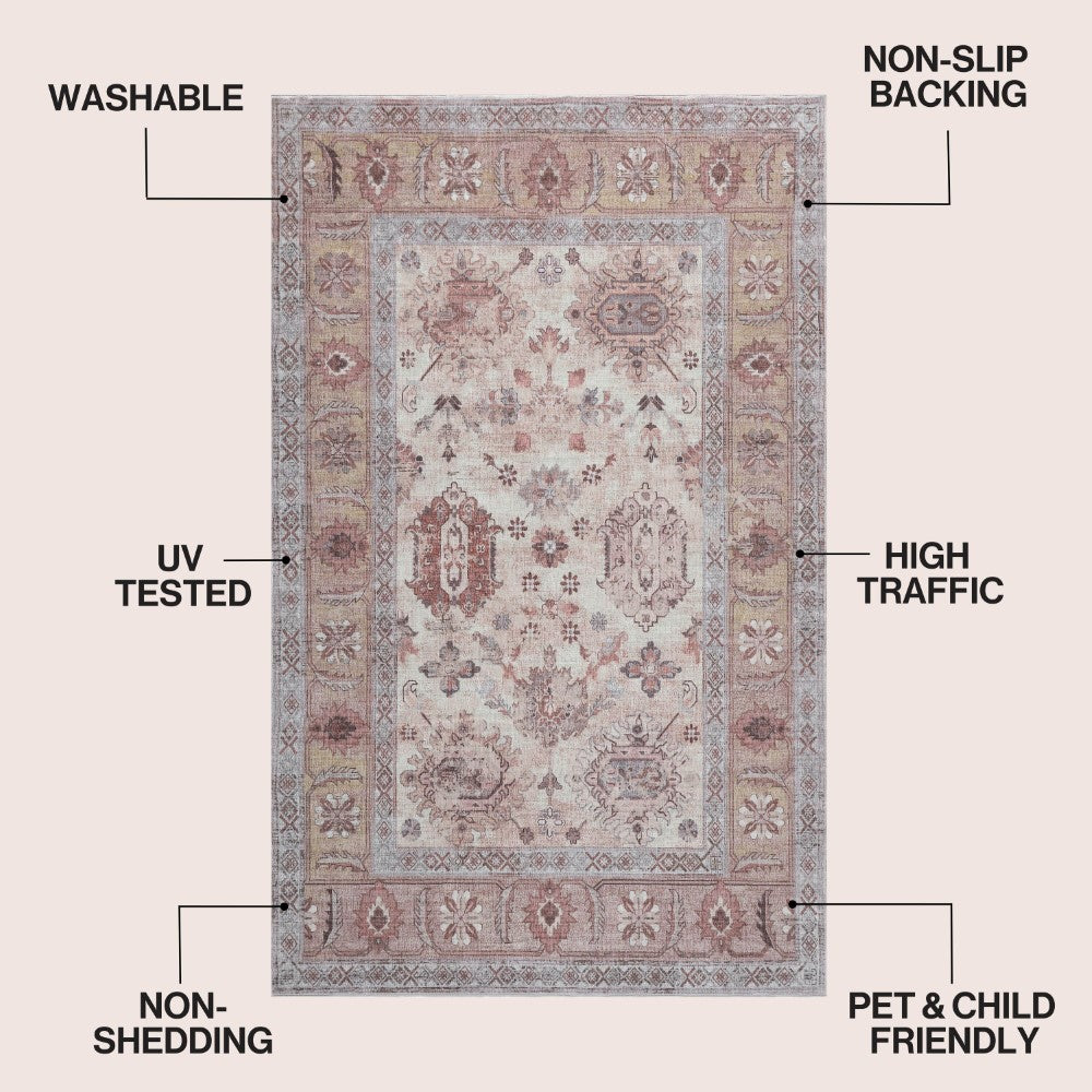 Maplecrest Oushak Style Distressed Border Non-slip Machine-washable Area Rug