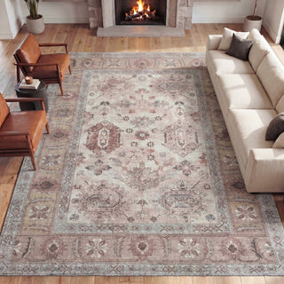 Maplecrest Oushak Style Distressed Border Non-slip Machine-washable Area Rug