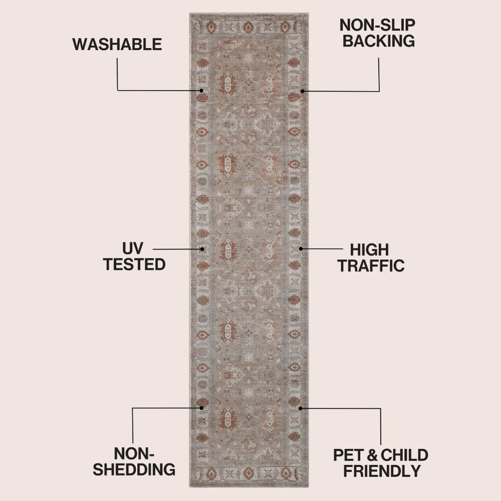 Maplecrest Oushak Style Distressed Border Non-slip Machine-washable Area Rug