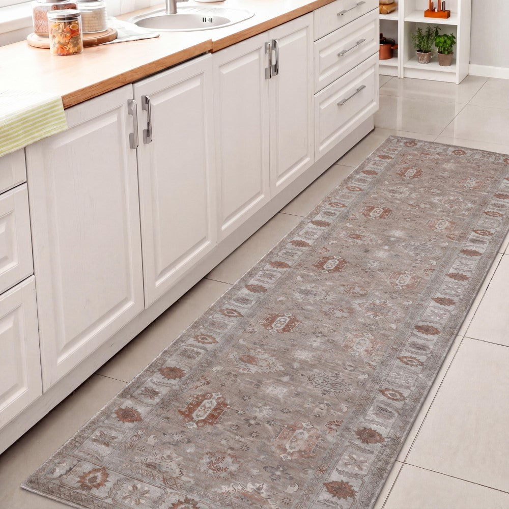 Maplecrest Oushak Style Distressed Border Non-slip Machine-washable Area Rug