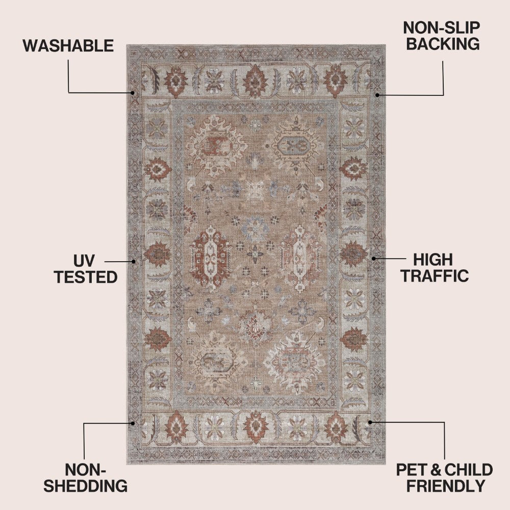 Maplecrest Oushak Style Distressed Border Non-slip Machine-washable Area Rug