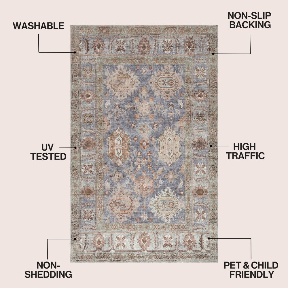 Maplecrest Oushak Style Distressed Border Non-slip Machine-washable Area Rug