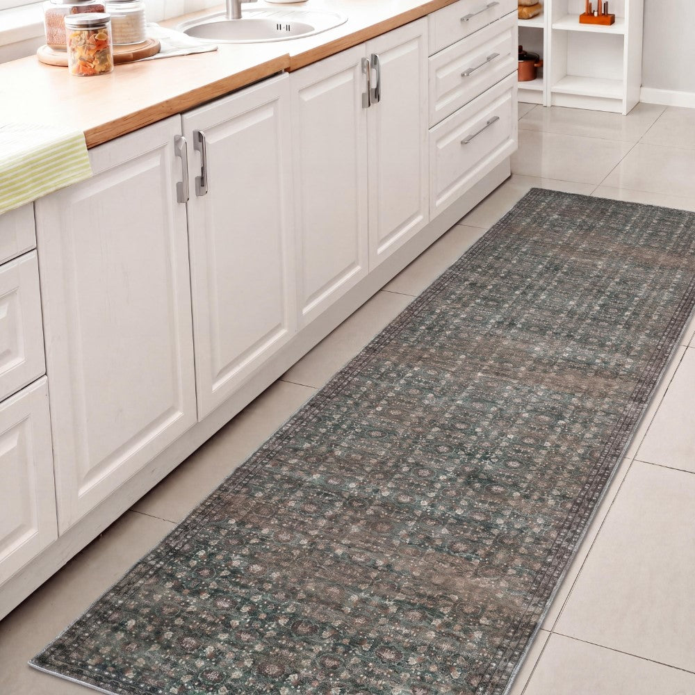 Pinehollow Distressed All-over Floral Border Non-slip Machine-washable Area Rug