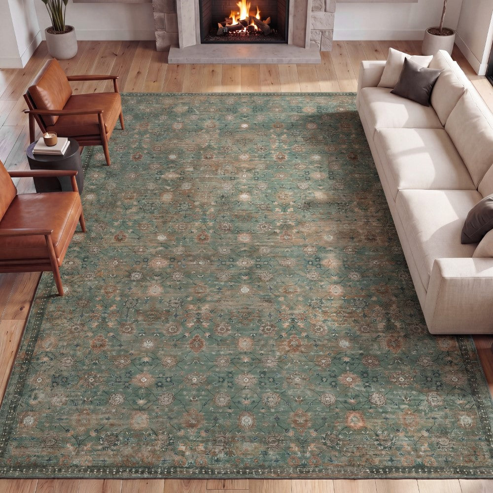 Pinehollow Distressed All-over Floral Border Non-slip Machine-washable Area Rug