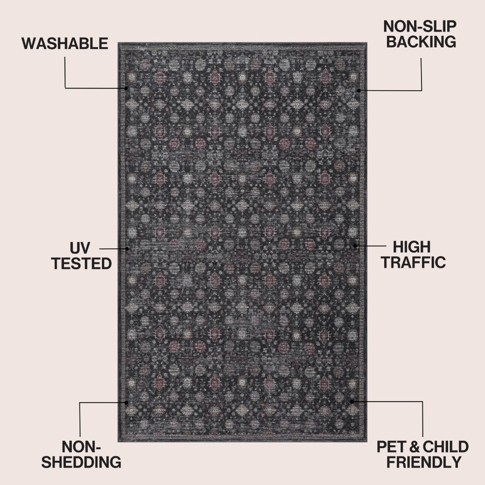 Pinehollow Distressed All-over Floral Border Non-slip Machine-washable Area Rug