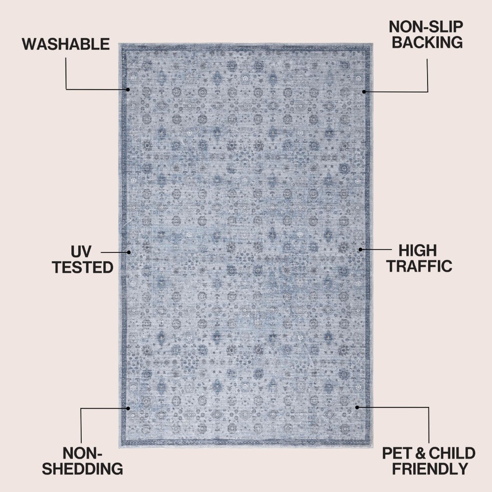 Pinehollow Distressed All-over Floral Border Non-slip Machine-washable Area Rug
