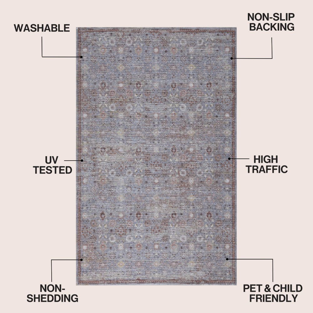 Pinehollow Distressed All-over Floral Border Non-slip Machine-washable Area Rug