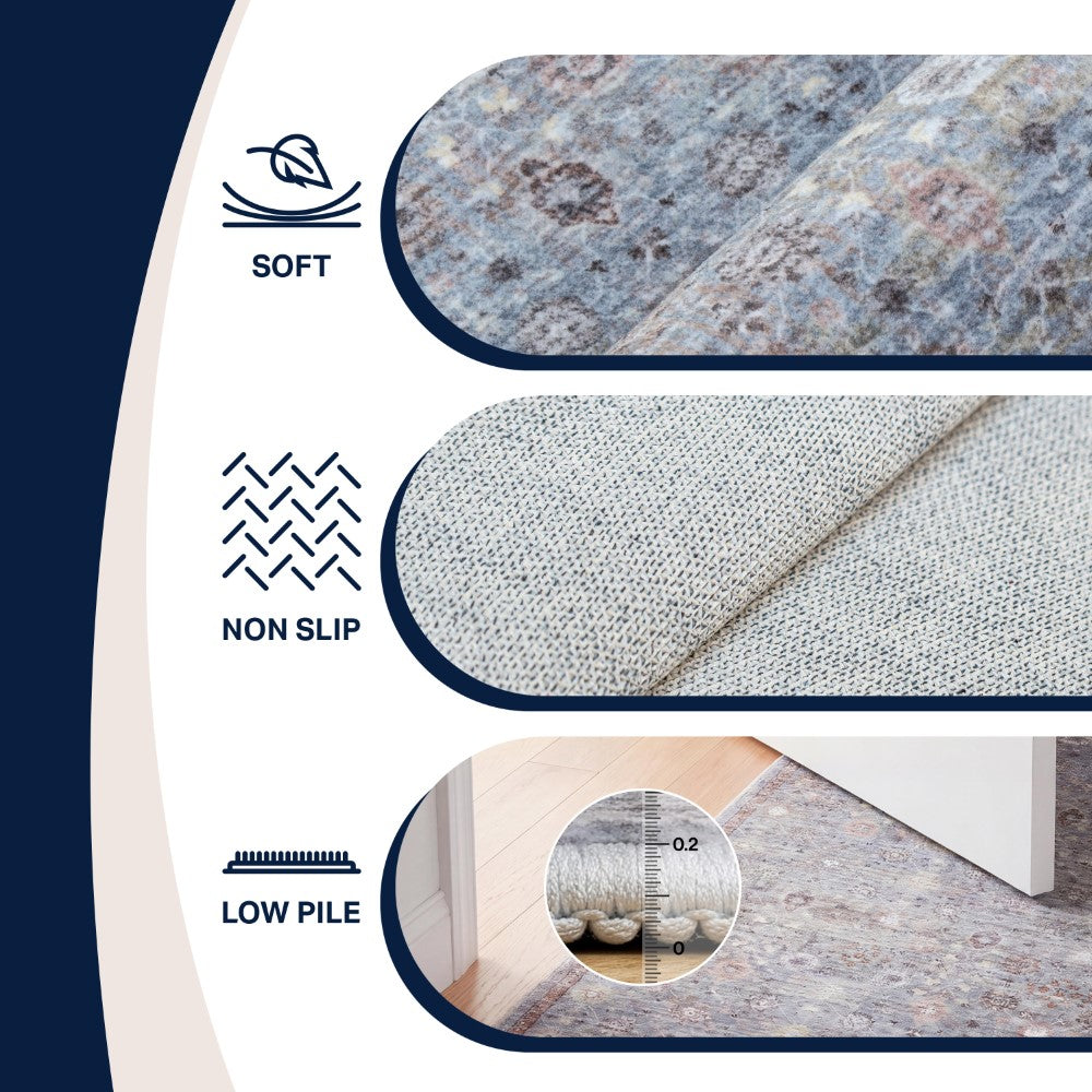 Pinehollow Distressed All-over Floral Border Non-slip Machine-washable Area Rug