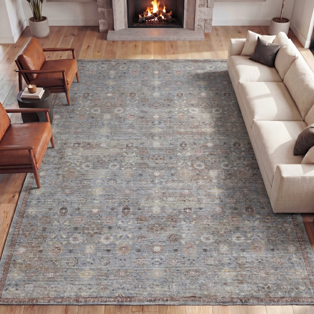Pinehollow Distressed All-over Floral Border Non-slip Machine-washable Area Rug