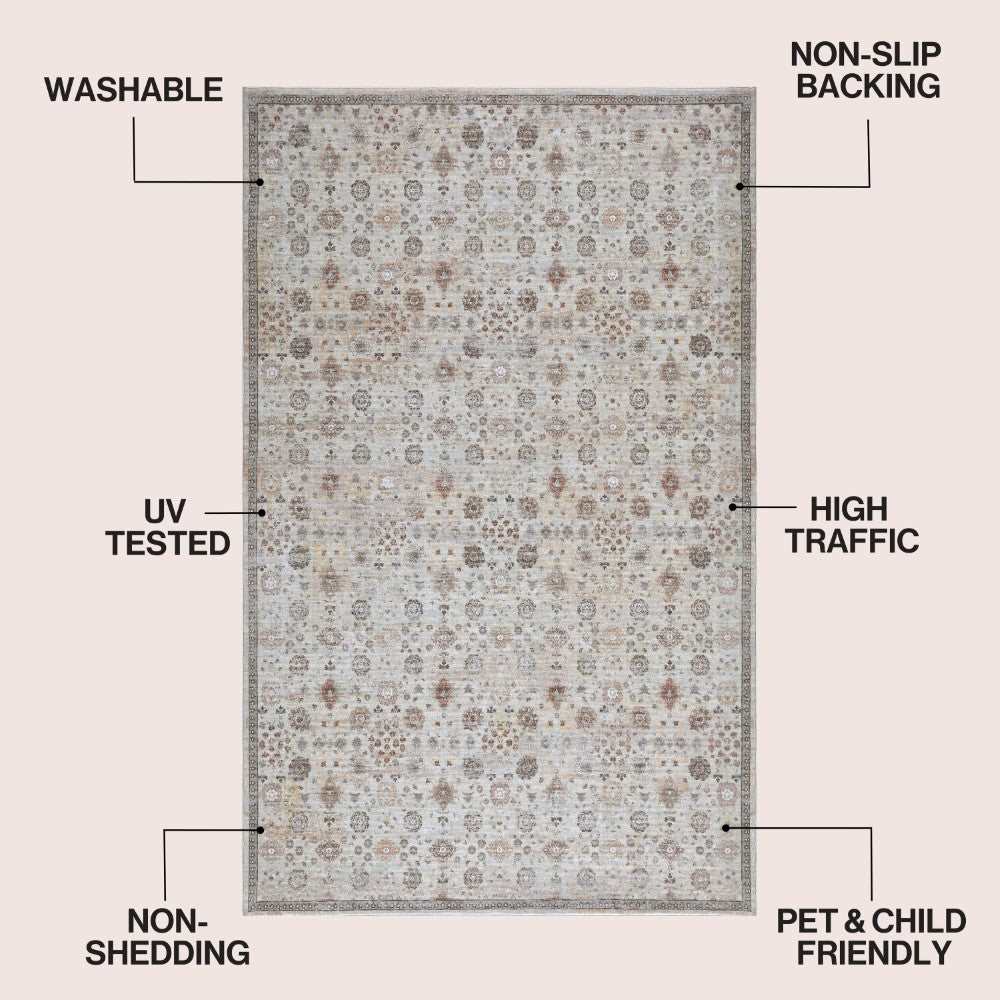 Pinehollow Distressed All-over Floral Border Non-slip Machine-washable Area Rug