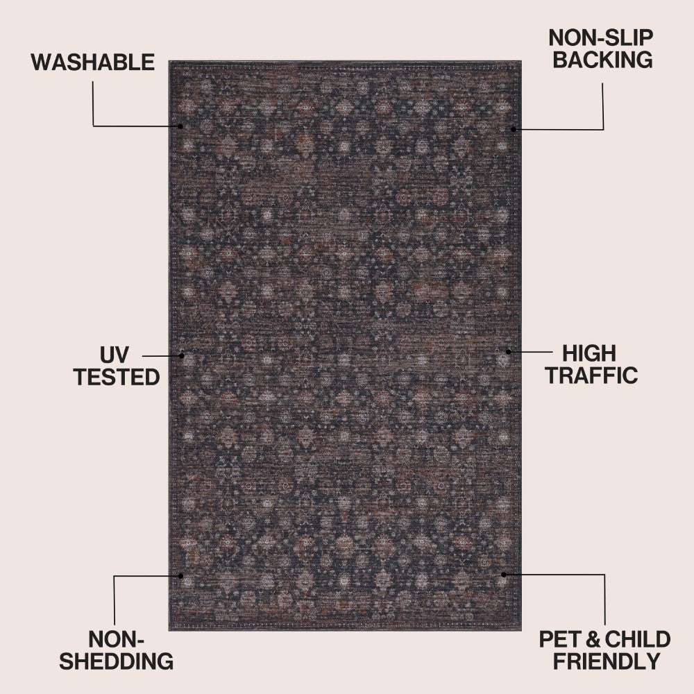 Pinehollow Distressed All-over Floral Border Non-slip Machine-washable Area Rug