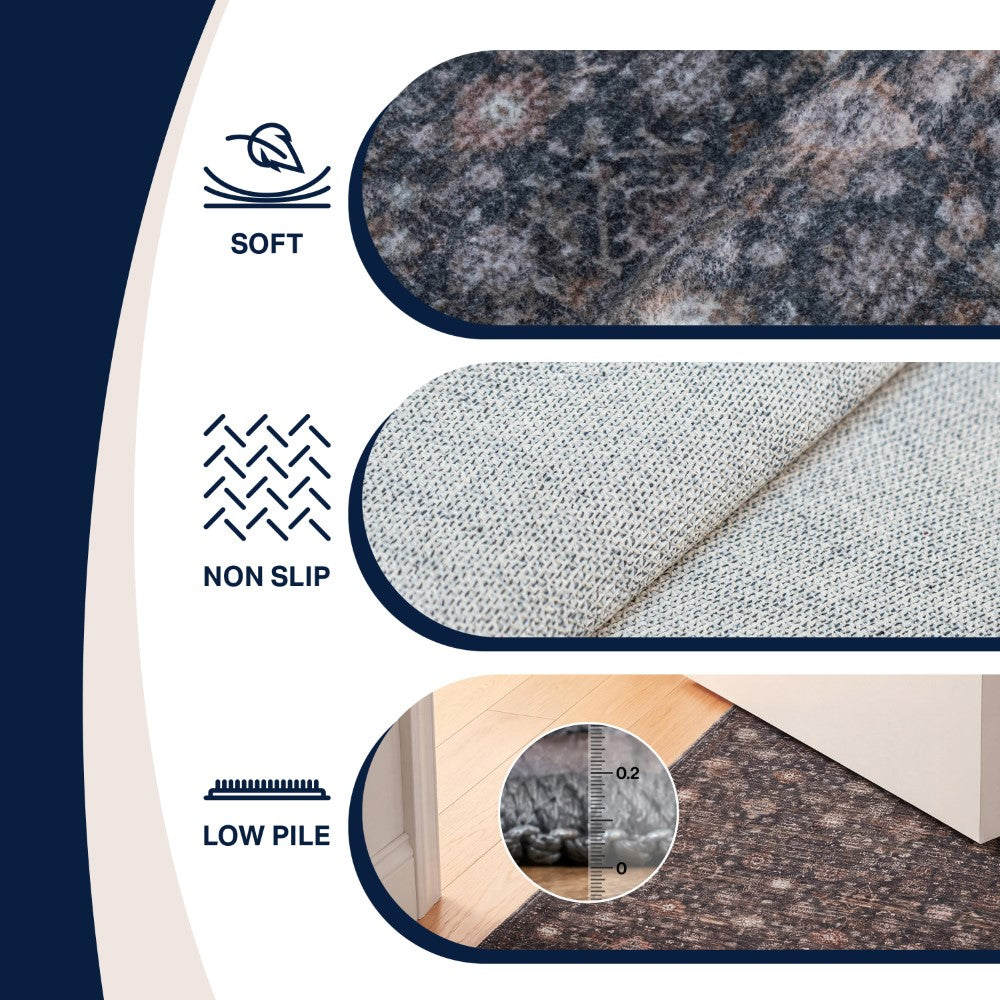 Pinehollow Distressed All-over Floral Border Non-slip Machine-washable Area Rug