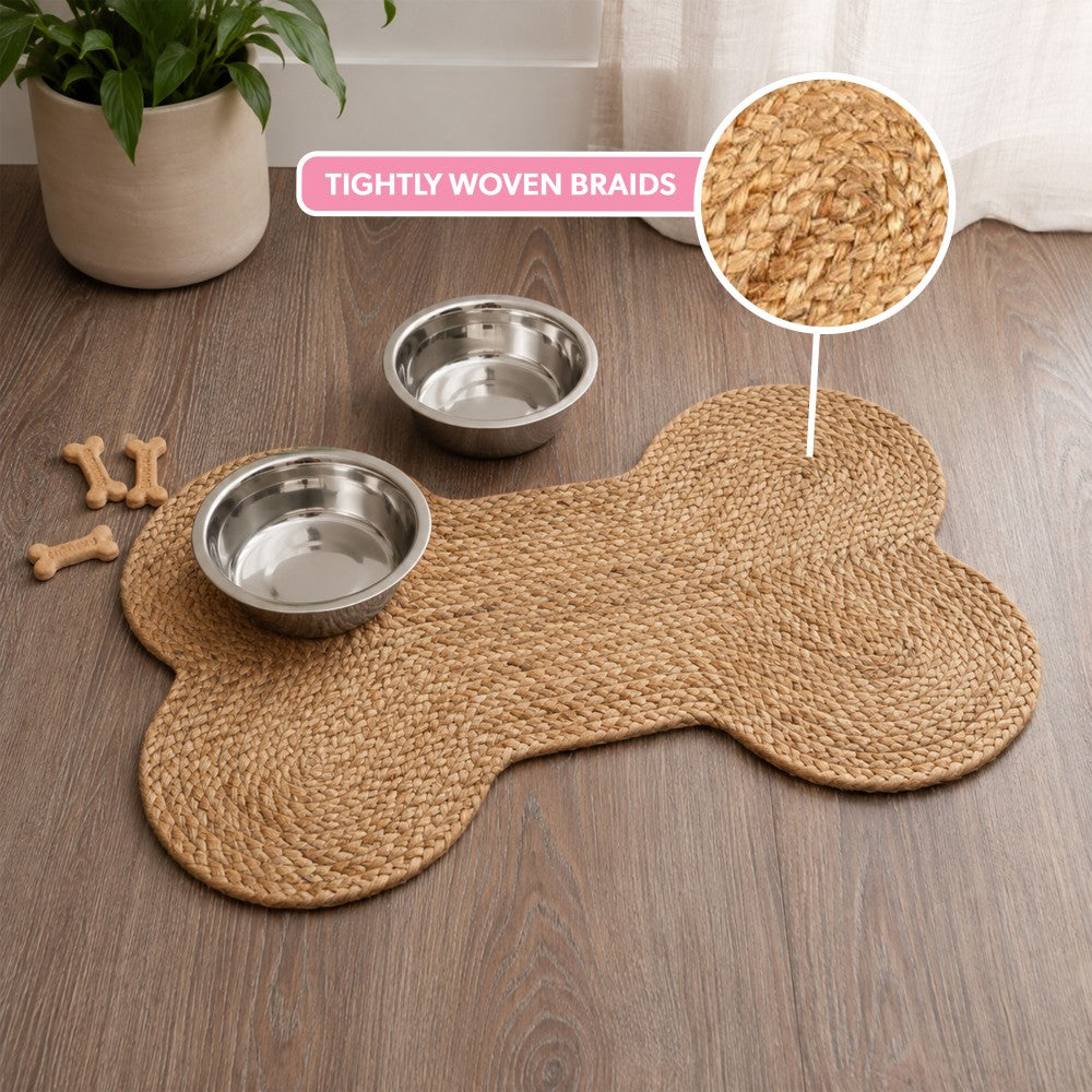 Petzi 24 in. x 16 in. Rustic Bone Shaped Hand Braided Natural Jute Pet Feeding Mat