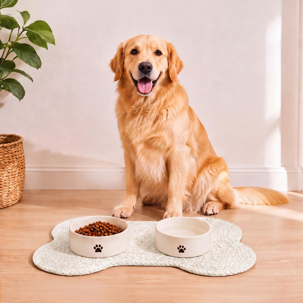 Petzi 24 in. x 16 in. Rustic Bone Shaped Hand Braided Natural Jute Pet Feeding Mat