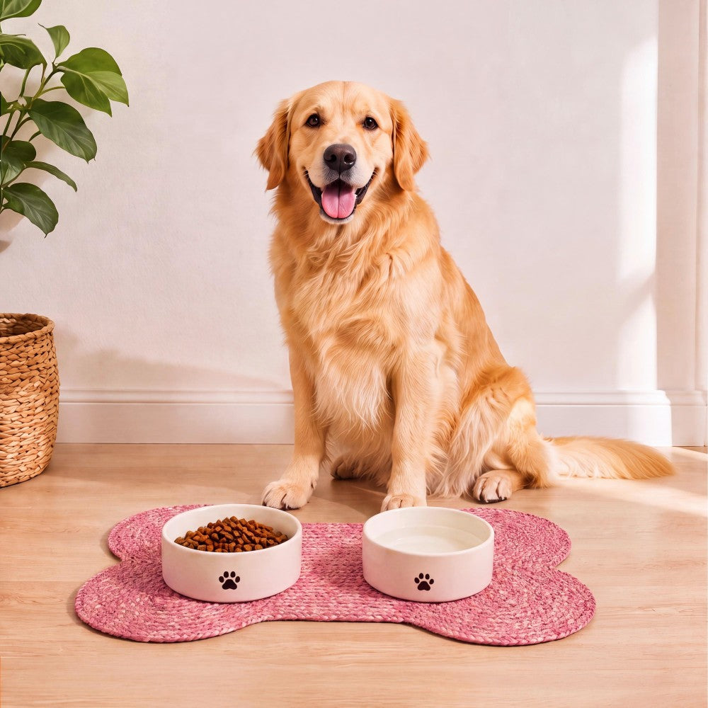 Petzi 24 in. x 16 in. Rustic Bone Shaped Hand Braided Natural Jute Pet Feeding Mat