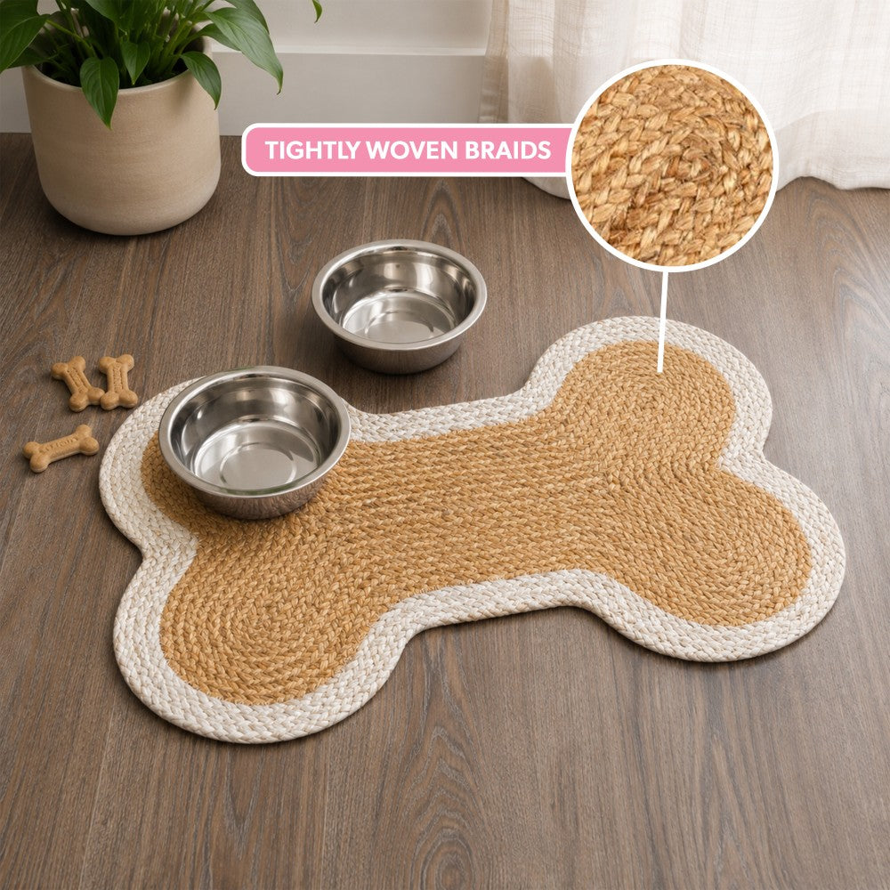 Petzi 24 in. x 16 in. Rustic Bone Shaped Hand Braided Natural Jute Pet Feeding Mat