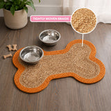 Petzi 24 in. x 16 in. Rustic Bone Shaped Hand Braided Natural Jute Pet Feeding Mat