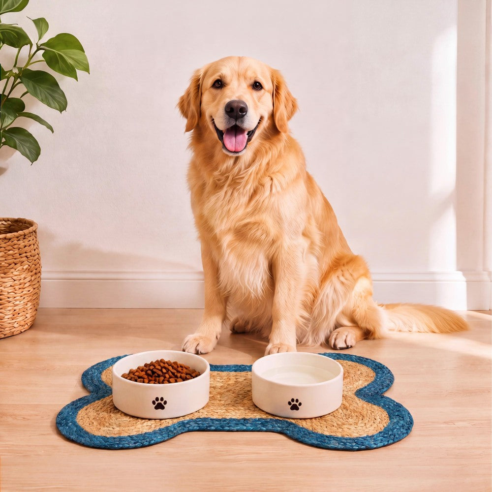 Petzi 24 in. x 16 in. Rustic Bone Shaped Hand Braided Natural Jute Pet Feeding Mat