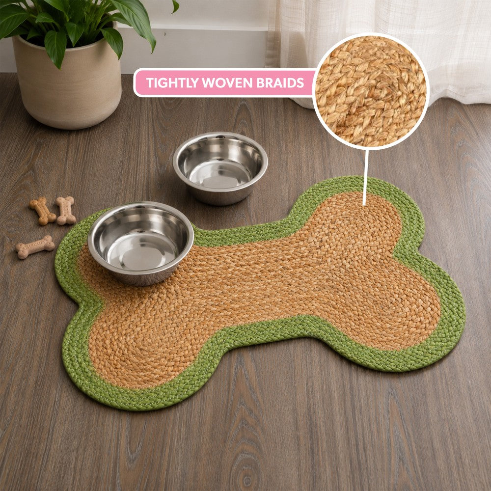 Petzi 24 in. x 16 in. Rustic Bone Shaped Hand Braided Natural Jute Pet Feeding Mat