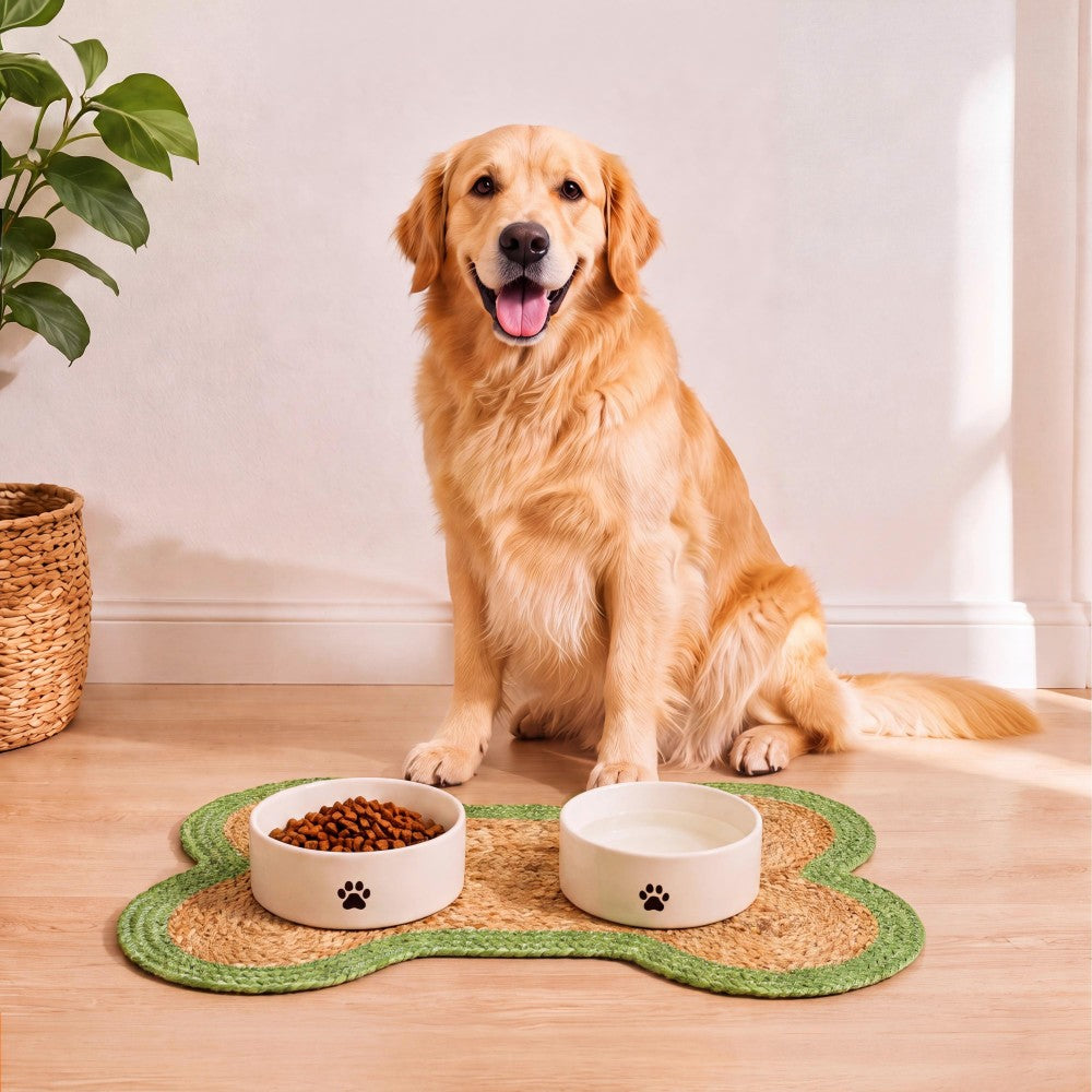 Petzi 24 in. x 16 in. Rustic Bone Shaped Hand Braided Natural Jute Pet Feeding Mat
