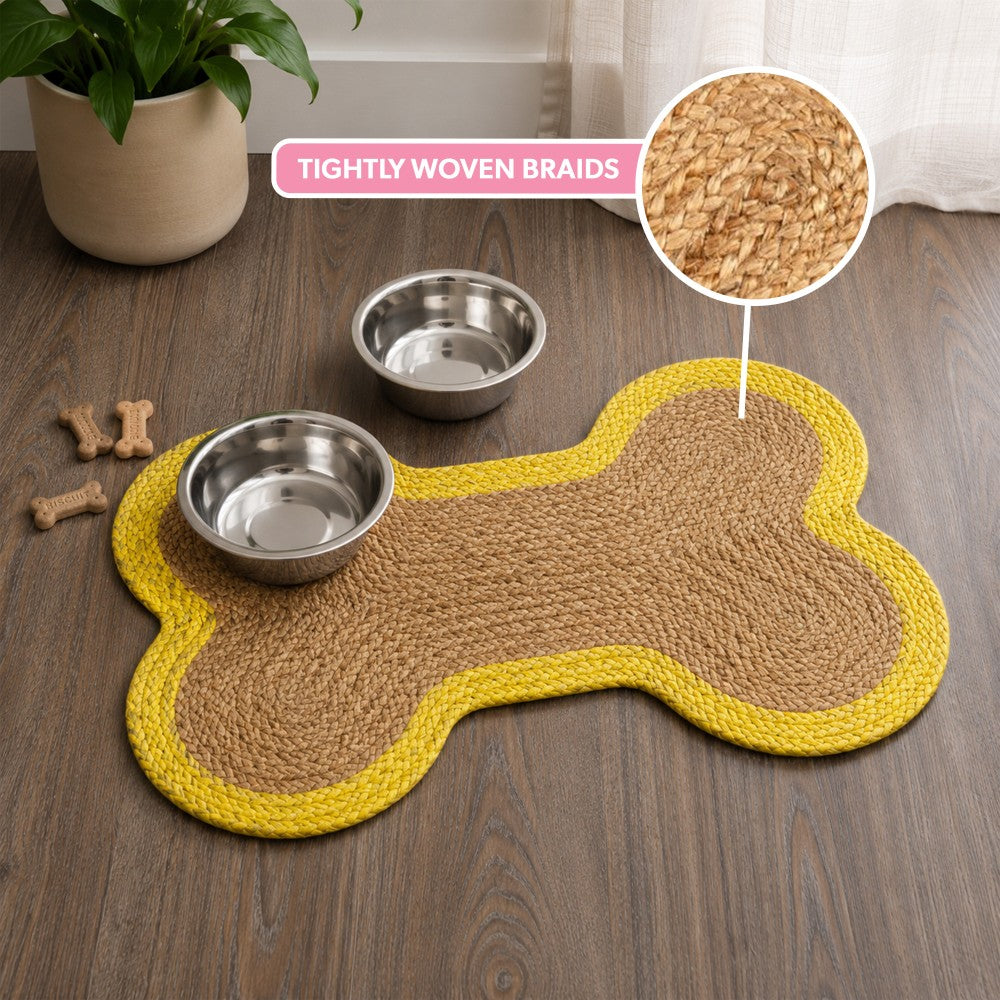 Petzi 24 in. x 16 in. Rustic Bone Shaped Hand Braided Natural Jute Pet Feeding Mat